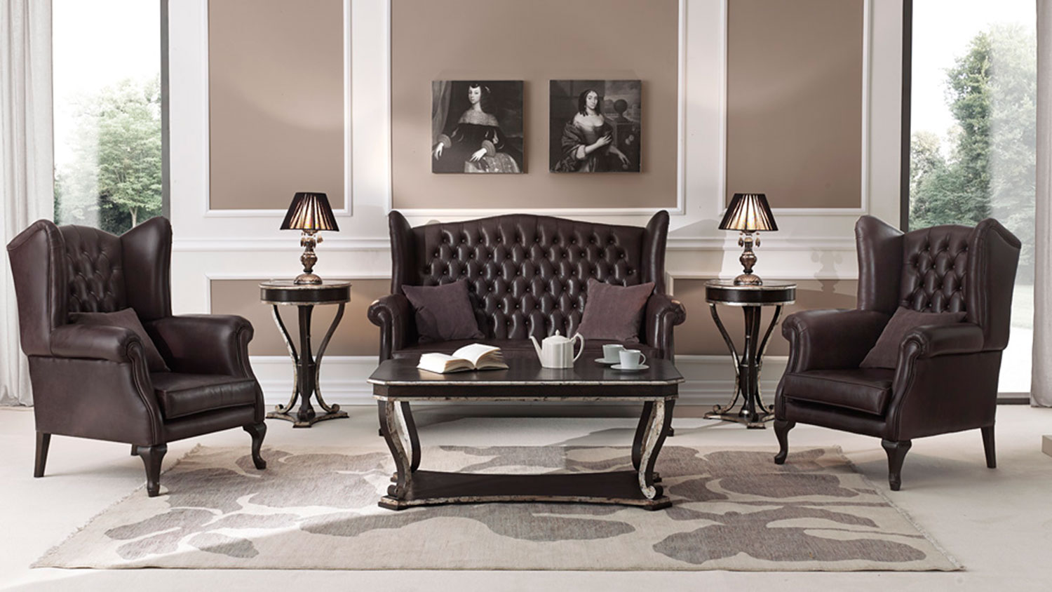 chesterfield sofa and armchairs brown leather 8467