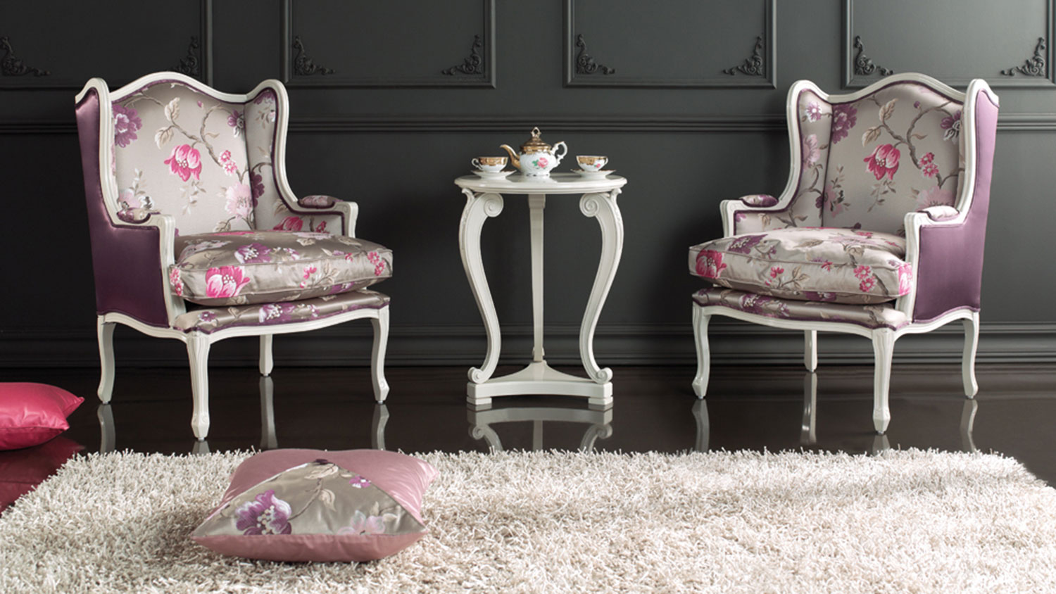 classic elena armchairs in white with floral fabric and baroque style lamp table 7043