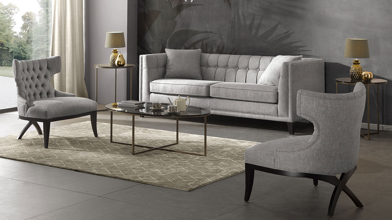 contemporary lixis sofa with two armchairs and oval glass coffee table 5175