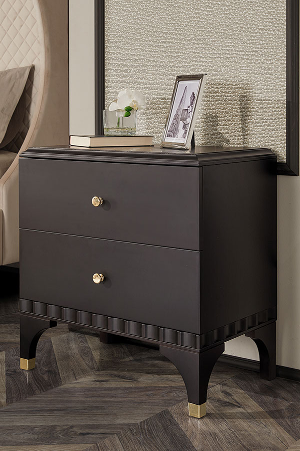 ellipse 2 drawers bedside cabinet in moka finish with goldplated inserts 4500