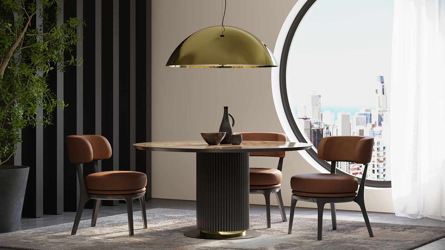 fluted ceramic top round dining set 4980