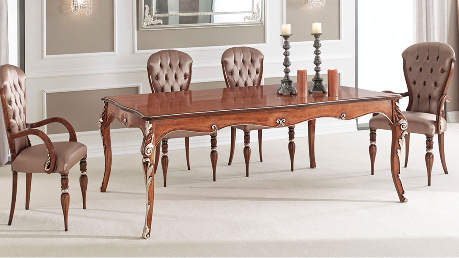 rectangular extandable table on 4 legs baroque style with high back chairs 9257