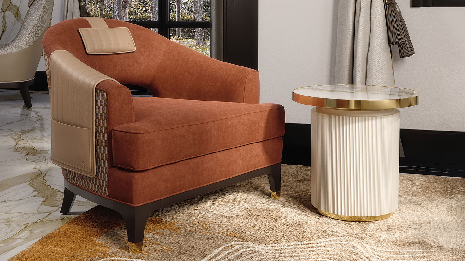 terracotta armchair and round marble lamp table 4044