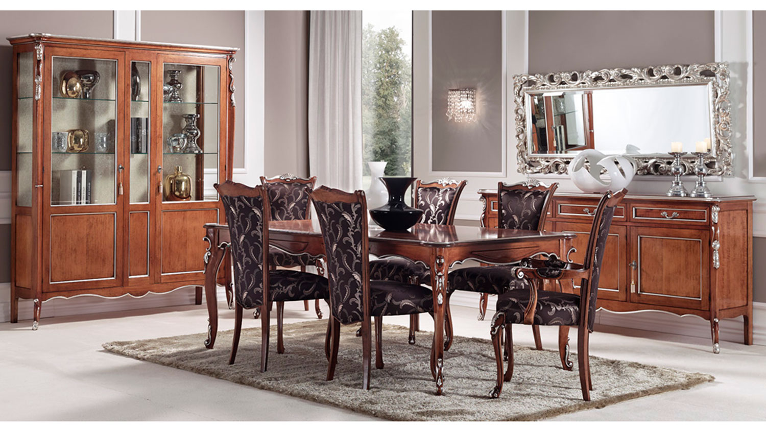 wooden baroque style dining with table chairs and cabinets 3076