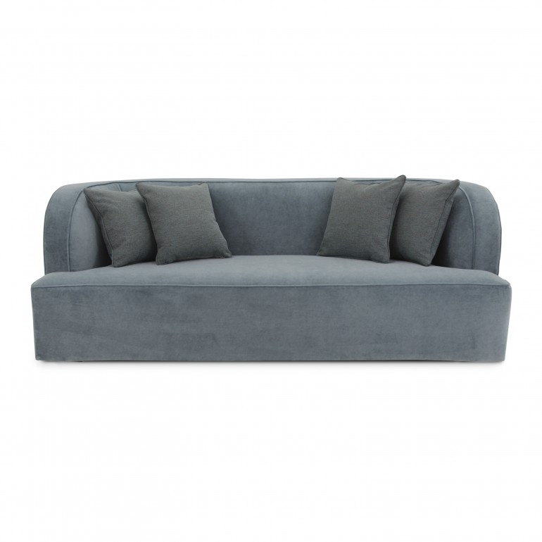 Modern Italian sofa, 4 seater, fully upholstered in light blue velvet with 4 scattered cushions