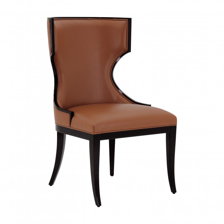 Italian contemporay chair - Upholstered high back chair with wood profiles - large Italian dining chair - chair in dark mahogany finish upholstered in dark orange faux leather