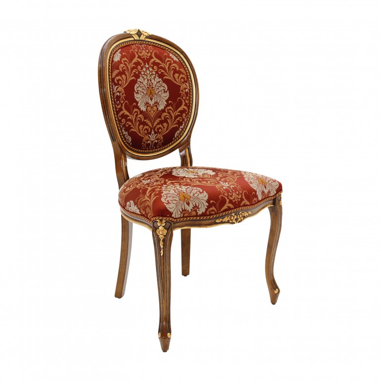 Classic chair Kiev by Sevensedie - carved wood frame polished in antique walnut with gold leaf accents - upholstered with silky red fabric