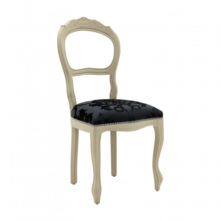 Classic replica chair Stellina by Sevensedie - beech wood frame - Carved back rest - lacquered in a pearl grey finish - trimmed with silver nails - upholstered in a rich and elegant black damask fabric