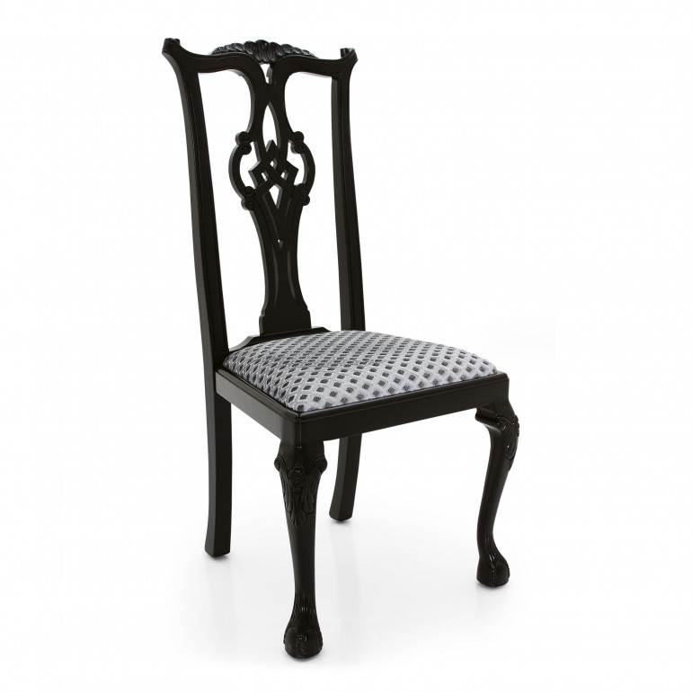Chippendale chair Roma by Sevensedie in classic style - beech wood frame - polished in dull black. Upholstered in a silver diamond damask fabric.