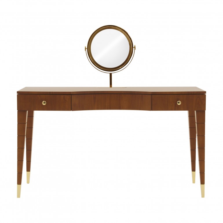 Contemporary cherry wood dressing table - Italian dressing table with revolving round gold plated mirror in cherry finish with gold plated metal tip legs