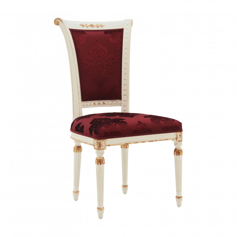  Restaurant chair Svetlana by Sevensedie in  classic design (empire style) - beech wood frame - white lacquered with gold leaf accents. Upholstered in floral red damask fabric.
