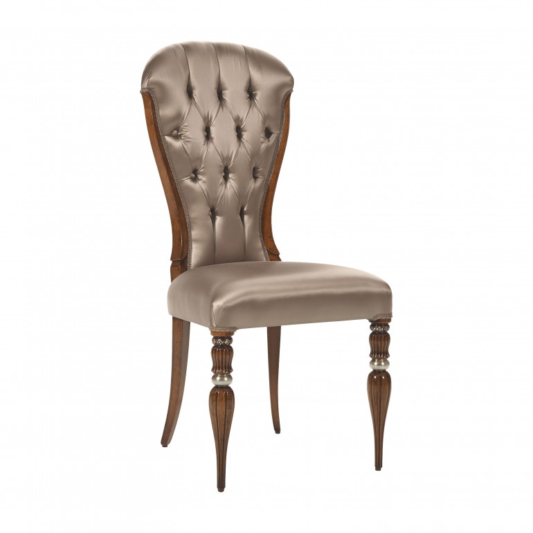Classic chair Adele by Sevensedie - hi back chairs with deep button back - polished in antique dark walnut with silver leaf accents. Upholstered in silky brown fabric