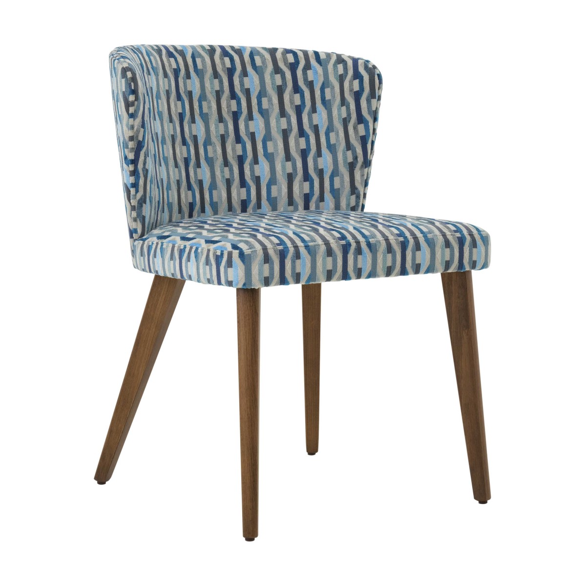 Contemporary dining chair Eva by Sevensedie -  beech wood frame -  comfortable and fully upholstered rounded back - upholstered in a blue chenille fabric - Polished in a satin walnut finish 