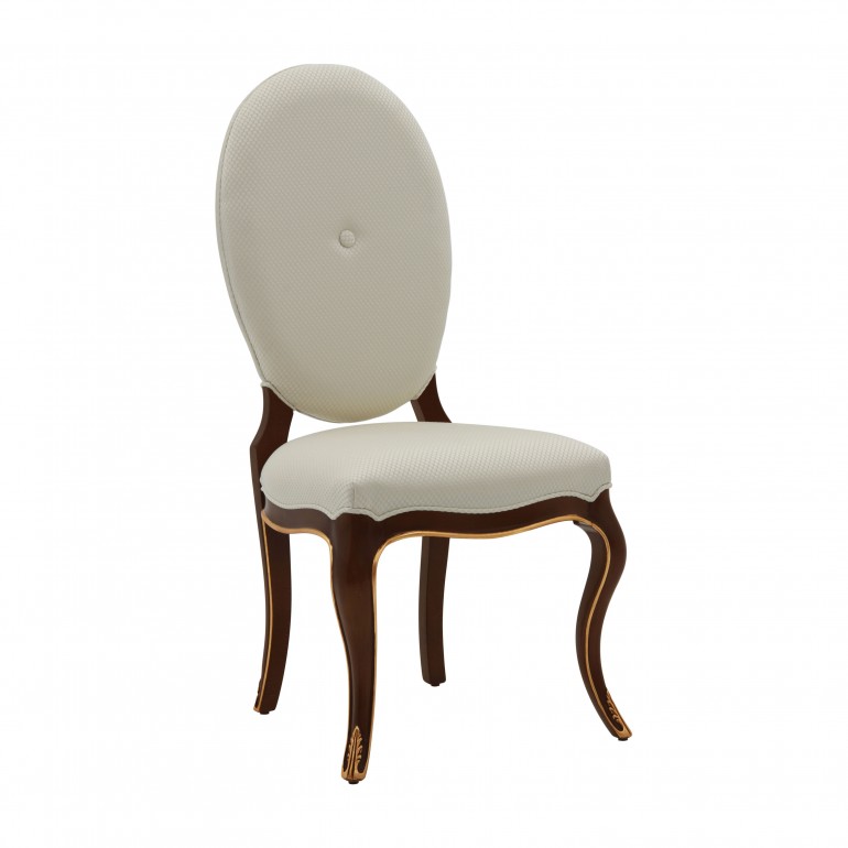 Classic chair Mesta by Sevensedie - beech wood frame - polished in dark walnut finish with gold leaf details -  Upholstered in a cream fabric with a button on the backrest