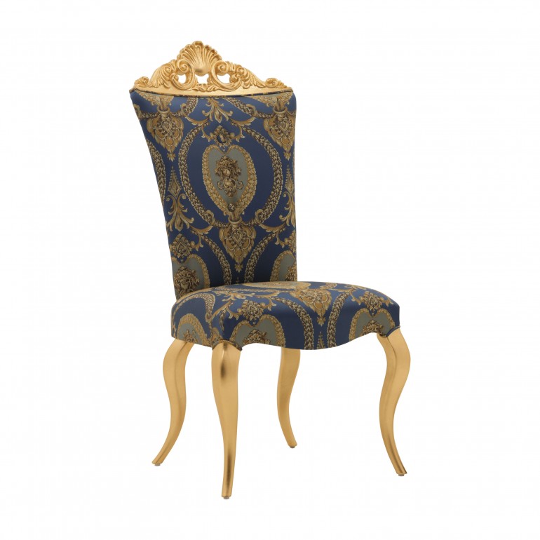 Classic chair Siatena by Sevensedie with beech wood frame, gilded wood frame-  upholstered with an exclusive blue damask fabric