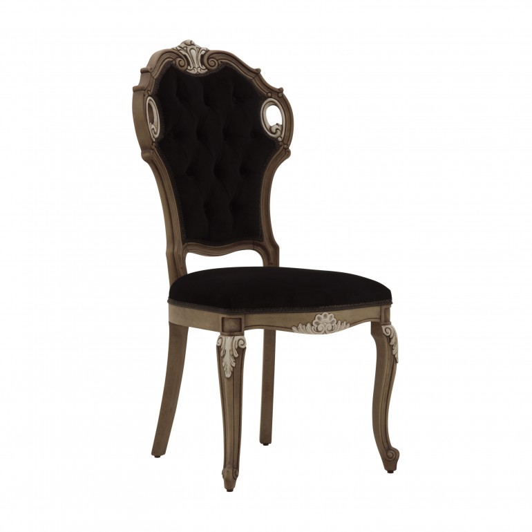 Italian chair Alcide by Sevensedie, light walnut finish wood frame with cream accents -  upholstered in black velvet with deep buttoned back 