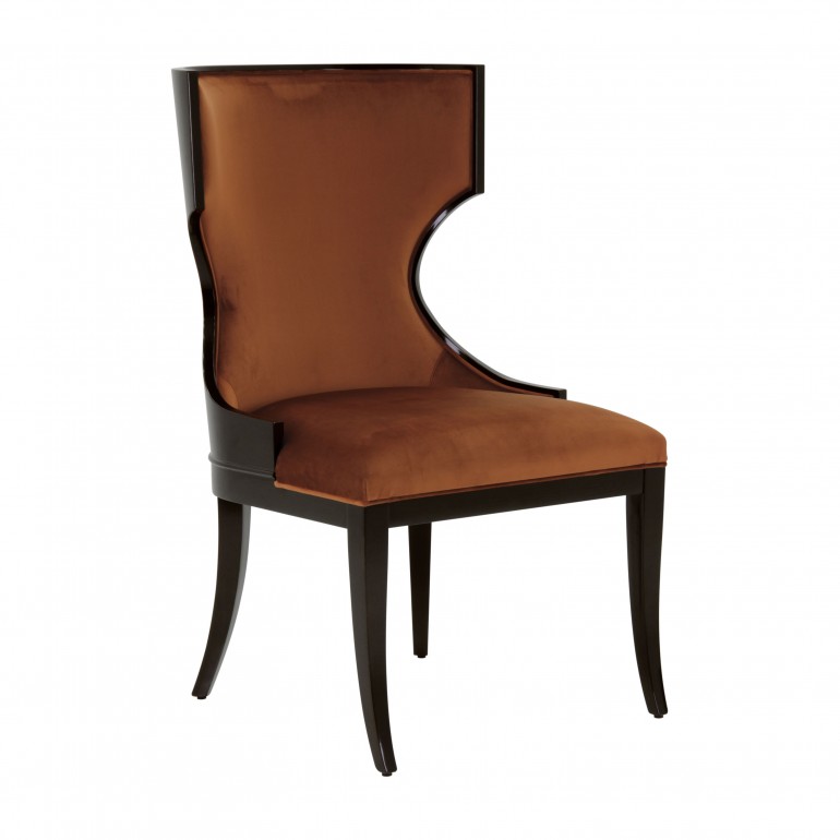 Comfortable italian high wood back chair in dark mahogany finish, upholstered in orange velvet