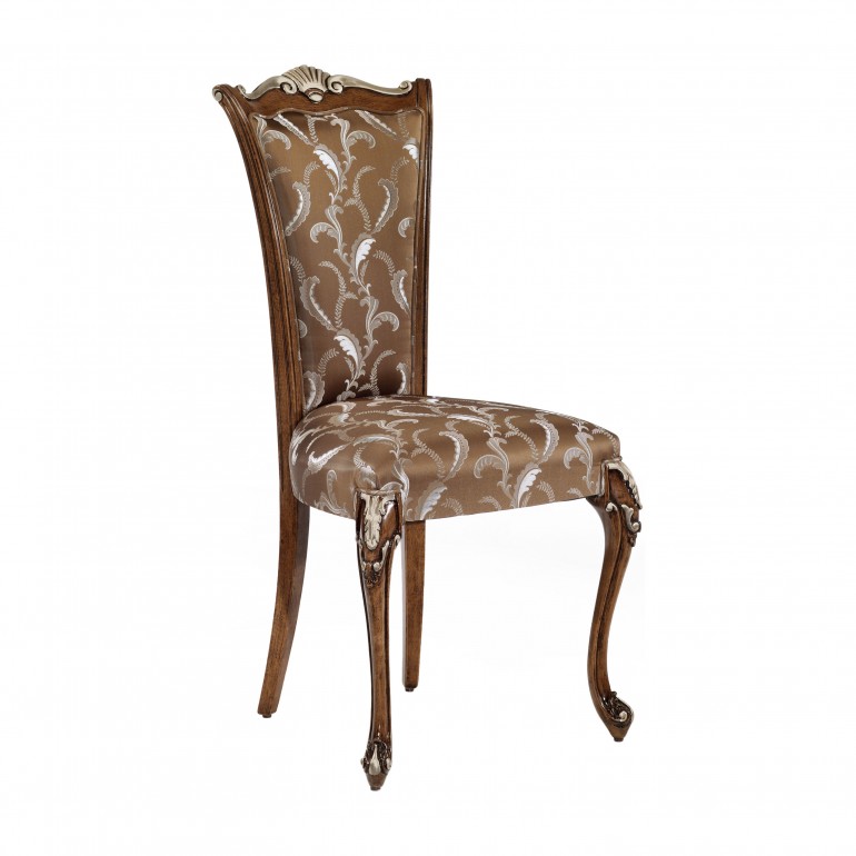 Classic chair Chiara by Sevensedie - beech wood frame - polished in antique dark walnut with silver leaf accents. Upholstered in floral silky brown fabric.