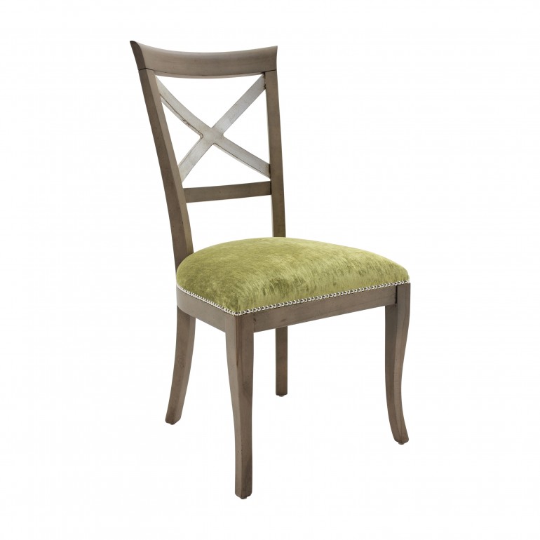 Classic restaurant chair Croce by Sevensedie - solid beech wood frame - polished in a delicate mild walnut  finish - the back cross decoration is enhanced with the application of silver leaf - upholstered in a light green velvet - trimmed with silver nail