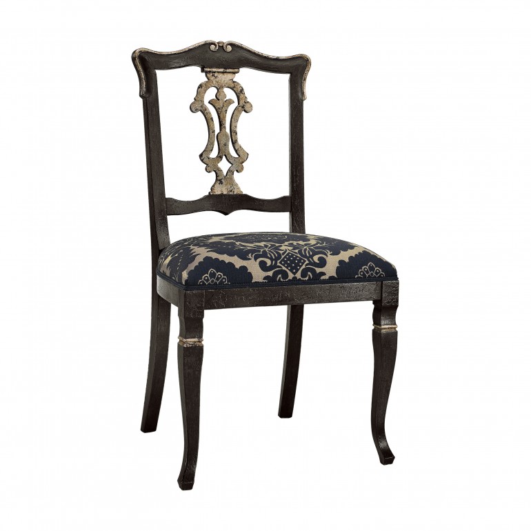 Classic chair Ducale by Sevensedie - beech wood frame - elegant wood back - distressed black lacquered with silver leaf details - upholstered in a classic damask fabric