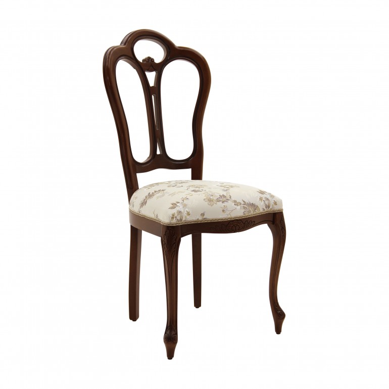 Classic replica chair Giglio by Sevensedie - solid beech wood frame - distinctive elegant open back - lacquered in a tipical walnut finish - upholstered in a silk effect floral fabric