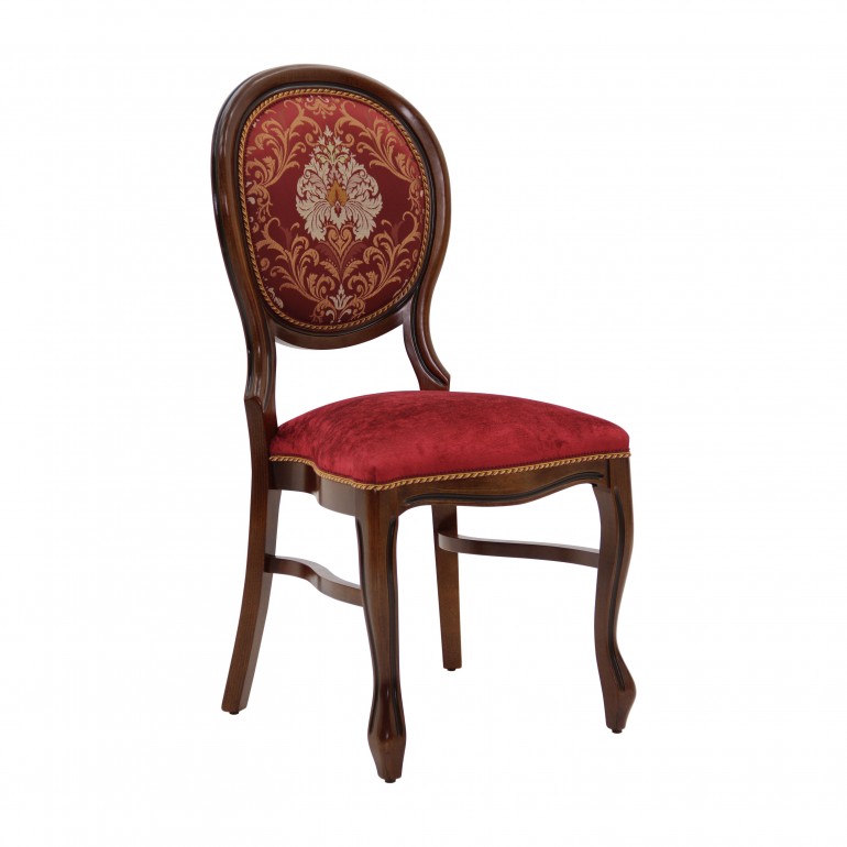 Classic stackable hotel chair Liberty by Sevensedie-  replica Louis style - beech wood frame - lacquered in dark walnut finish -  upholstered with a fabric combination of red velvet for the seat and a rich red damask on the backrest