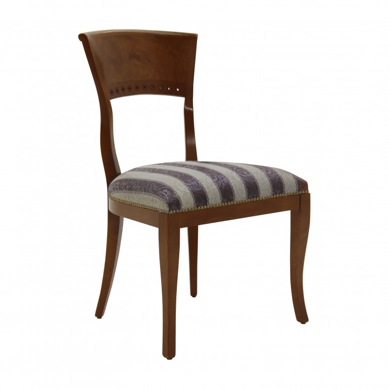 Biedermeier style replica dining chair Radica by Sevensedie - wood backrest veneer in real walnut wood - comfortable padded seat - Polished in a traditional walnut finish - trimmed with shaded nails -  upholstered with a silk effect, stripe fabric.