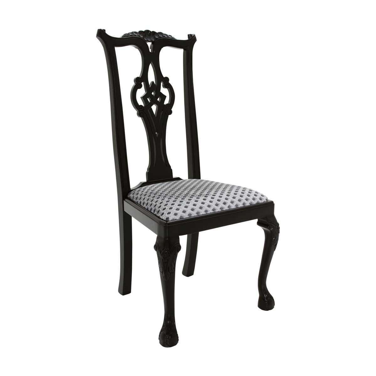 Chippendale chair Roma by Sevensedie in classic style - beech wood frame - polished in dull black. Upholstered in a silver diamond damask fabric.