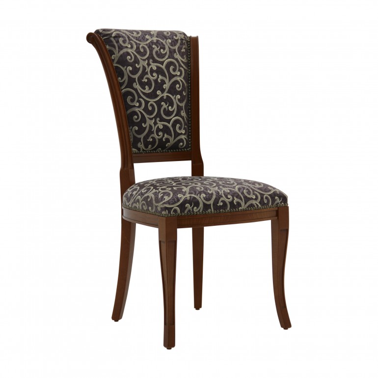 Classic italian chair Verona by Sevensedie - beech wood frame - lacquered in dark walnut finish -  upholstered with an abstract design blue silky fabric