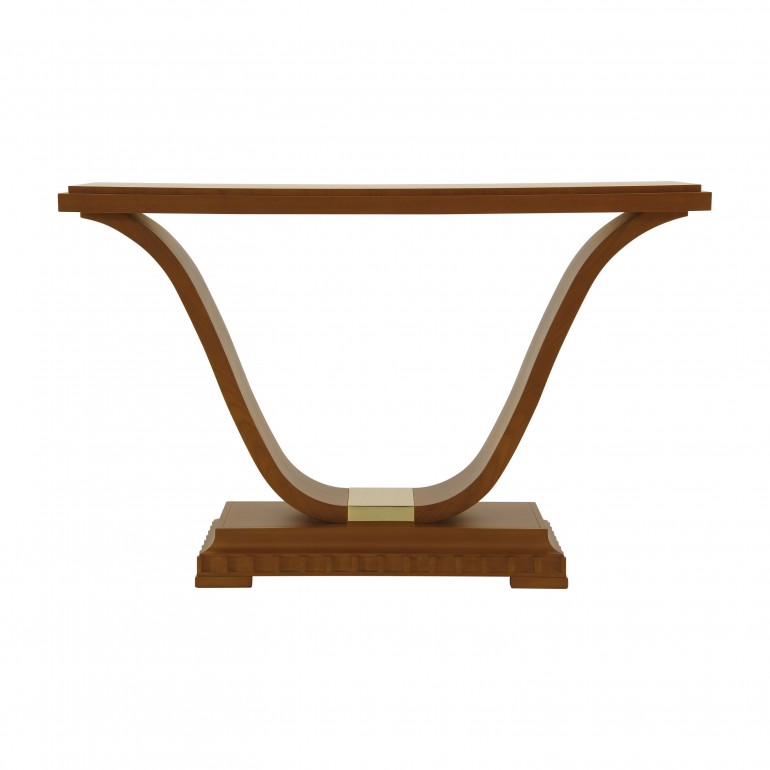 Italian contemporary console table.Cherry wood console with gold plated metal insert