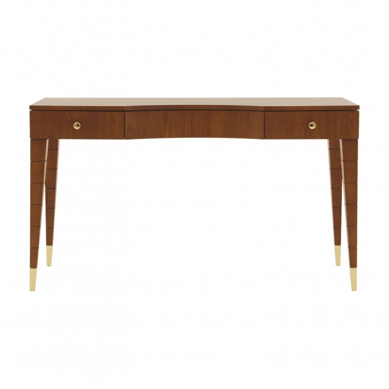 Contemporary Italian dressing table with two functional drawers - Cherry wood structure with gold plated metal tip legs and knobs