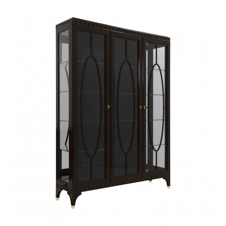 Contemporary 3 door glass cabinet - large Italian glass case in dark moka finish