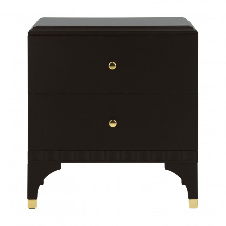 Italian bedside cabinet in contemporary design with 2 drawers in dark moka finish with gold plated metal inserts