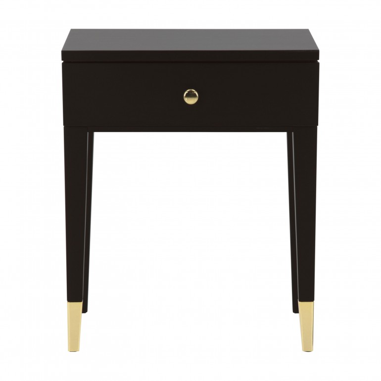 Italian night stand - Contemporary night stand with 1 drawer - small night stand in dark moka finish with gold plated metal tip legs