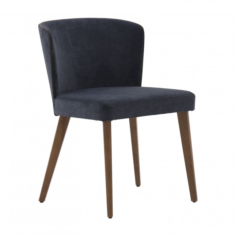 Contemporary dining chair Eva by Sevensedie -  beech wood frame -  comfortable and fully upholstered rounded back - upholstered in a blue chenille fabric - Polished in a satin walnut finish 