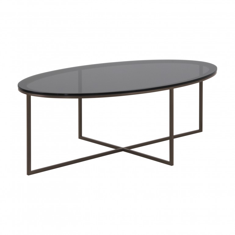 Modern oval coffee table with powder coated metal base and smoked glass top