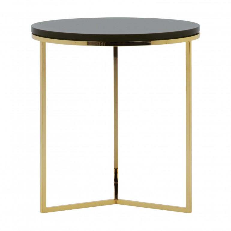 Modern Italian round lamp table with gold plated metal base and back stained wood top 