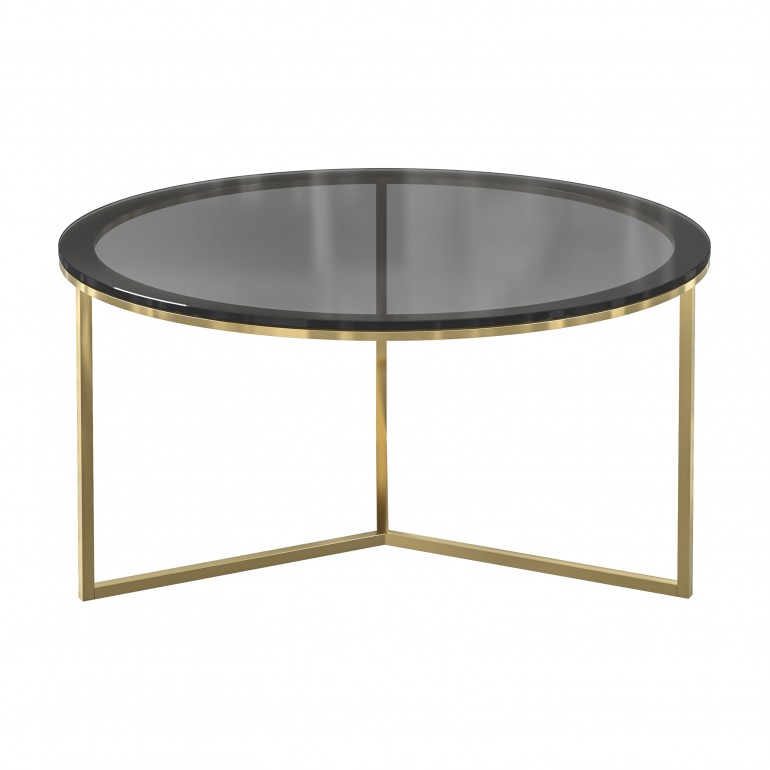 Modern round coffee table with gold plated metal base and smoked glass top