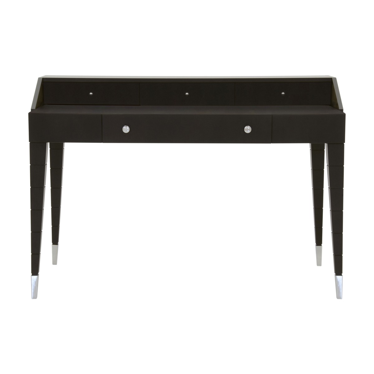 Italian contemporary writing desk with 4 drawers, writing desk in wengè finish with chromed metal tip legs
