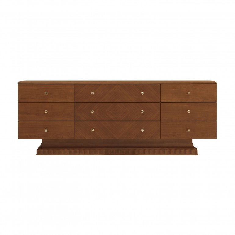 Italian contemporary large Sideboard in cherry finish with 9 drawers. Sibeboard in cherry finish with gold plated knobs on drawers.