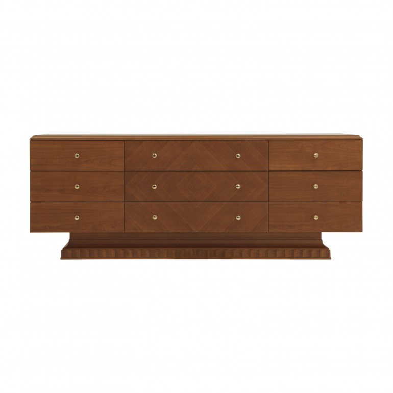 Italian contemporary large Sideboard in cherry finish with 9 drawers. Sibeboard in cherry finish with gold plated knobs on drawers.