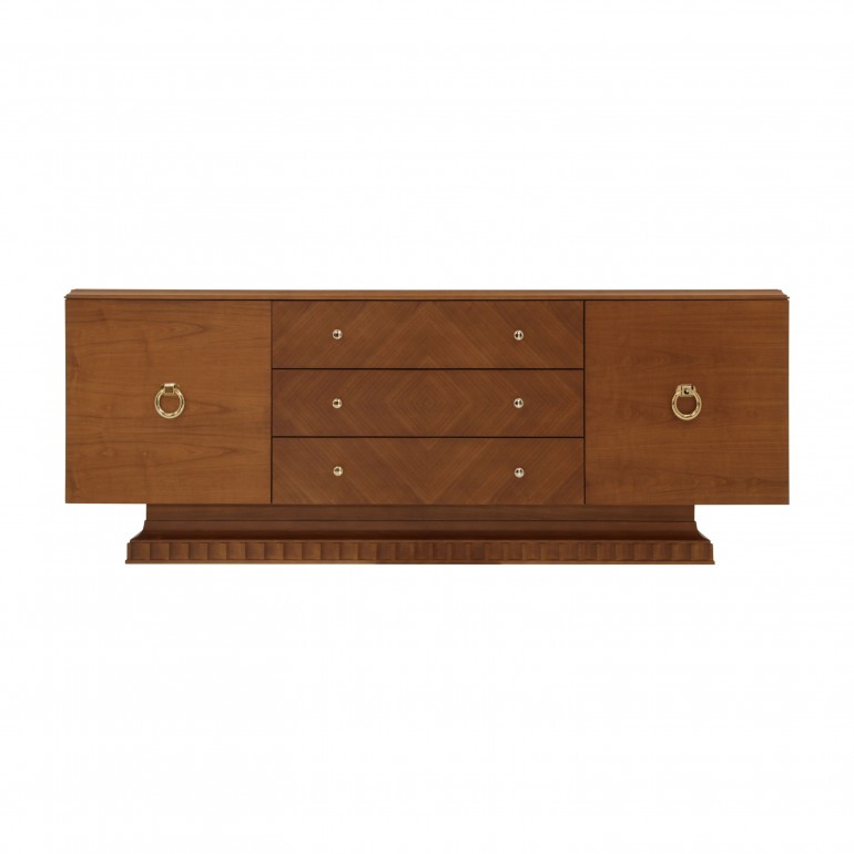 Italian 2 door sideboard with 3 middle drawers in cherry veneer. Cherry finish sideboard with gold plated inserts