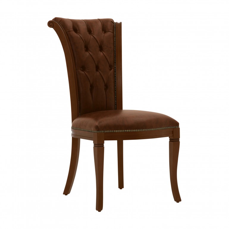 Classic italian leather chair York by Sevensedie - solid beech wood frame - Tufted back with deep buttons - Polished in a walnut color- Upholstered in tan real leather 