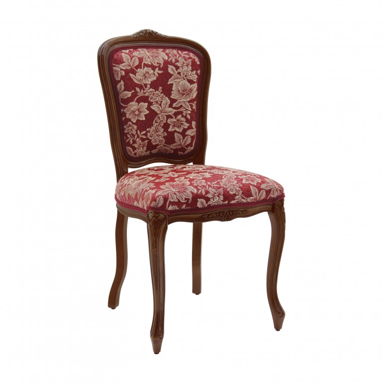 Classic italian replica restaurant chair Fiorino by Sevensedie - solid beech wood frame - comfortable padded back - Polished in a traditional walnut color - trimmed with old gold nails -  upholstered with a distinctive red floral fabric