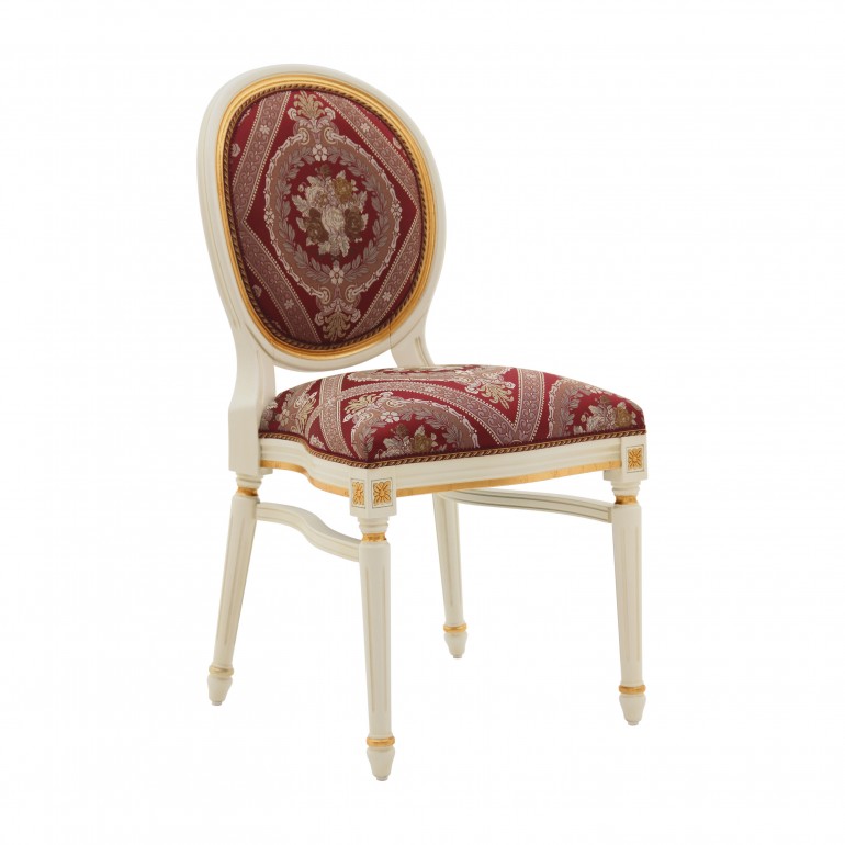 Louis XVI style replica chair Luigi by Sevensedie - beech wood frame - Upholstery in an opulent red pattern fabric - lacquered in cream with gold leaf profiles.
