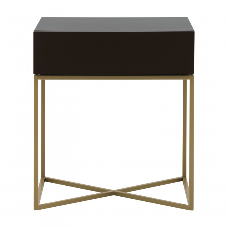 Italian contemporary bedside table with gold painted metal base.Cherry wood top in dark wenge color finish
