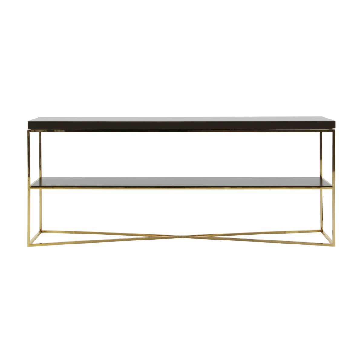 Italian modern console, rectangular console table with wood top and one middle shelf. Contemporary console with gold plated metal base 