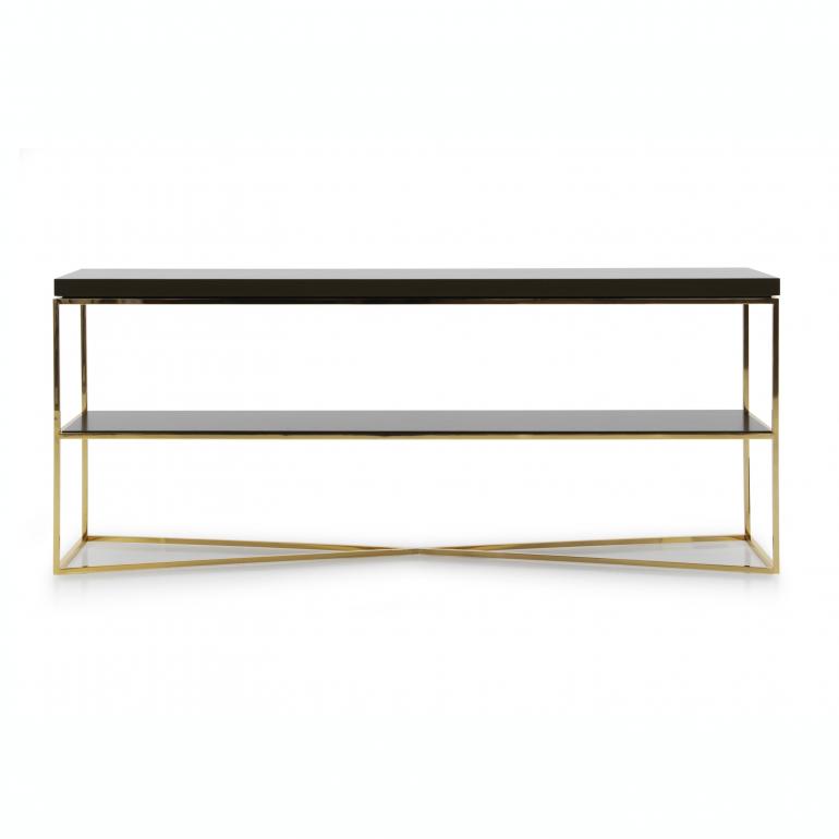 Italian modern console, rectangular console table with wood top and one middle shelf. Contemporary console with gold plated metal base 