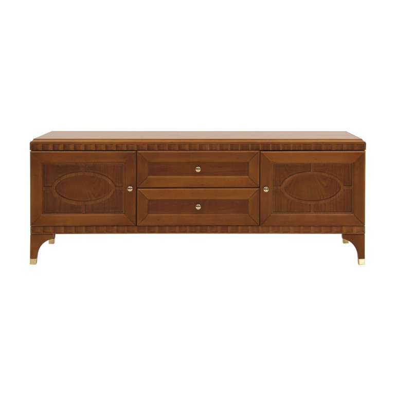 Contemporary Italian tv stand, low sideboard with 2 doors and 2 drawers in cherry finish