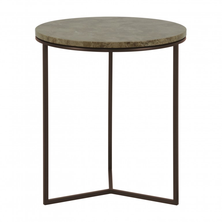 Italian round lamp table, marble top lamp table, powder coated dark metal base and light Emperador marble top in Italian contemporary style